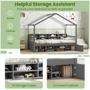 Twin Size House Bed with Roof with 14 Storage Cubes and Enclosed Cabinet-Gray