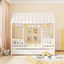 Twin Size House Bed with Trundle Kids Platform Bed with Roof Window-White
