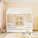 Twin Size House Bed with Trundle Kids Platform Bed with Roof Window-White by LJGDeals