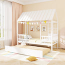 Twin Size House Bed with Trundle Kids Platform Bed with Roof Window-White by LJGDeals
