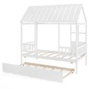 Twin Size House Bed with Trundle Kids Platform Bed with Roof Window-White