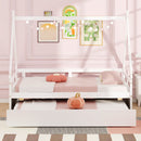 Twin Size House Bed with Trundle and Safety Guardrail-White