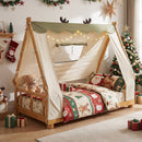 Twin Size House Floor Wood Bed with Tent