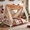 Twin Size House Floor Wood Bed with Tent
