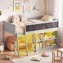 Twin Size Kids Loft Bed with LED Lights and Removable Bookcase