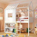 Twin Size Loft Bed with LED Lights Roof Window and Storage Bookshelf-White by LJGDeals