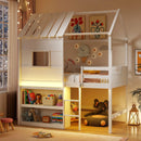 Twin Size Loft Bed with LED Lights Roof Window and Storage Bookshelf-White by LJGDeals