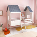 Twin Size Kids House Bed Low Loft Bed Frame with Roof-White by LJGDeals