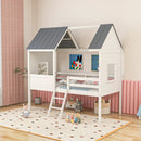 Twin Size Kids House Bed Low Loft Bed Frame with Roof-White by LJGDeals