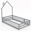 Twin Size Montessori Floor Bed with Lockable Door and Full-Length Guardrail