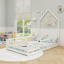 Twin Size Montessori Floor Bed with Lockable Door and Full-Length Guardrail-White