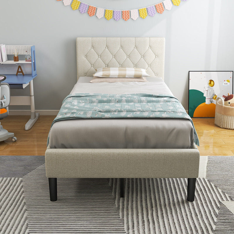 Twin Size Upholstered Platform Bed with Button Tufted Headboard-Beige, photo 2 of 8