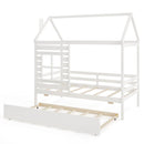 Twin Size Wooden Platform House Bed with Trundle and Roof