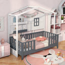 Twin Wood House Bed Montessori Floor Bed with 2 Shelves and Guardrails-Gray & White by LJGDeals