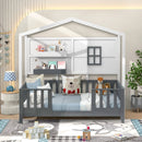 Twin Wood House Bed Montessori Floor Bed with 2 Shelves and Guardrails-Gray & White by LJGDeals