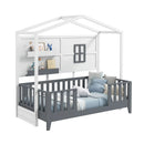 Twin Wood House Bed Montessori Floor Bed with 2 Shelves and Guardrails-Gray & White by LJGDeals