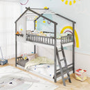 Twin over Twin House Bunk Bed with Roof and Guardrails for Kids-White & Gray by LJGDeals