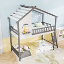 Twin over Twin House Bunk Bed with Roof and Guardrails for Kids-White & Gray by LJGDeals