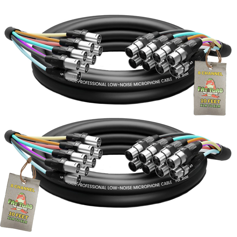 XLR Snake Cable 8-Channel 10ft (2-Pack) by FAT TOAD - Pro-Audio Shielded 3-Pin Balanced Patch Cables for Studio Stage, Live Sound & DJ Mixer