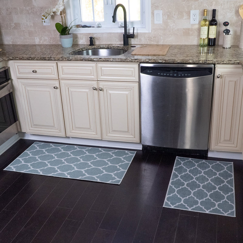 Geometric Design Non Skid Washable Kitchen Runner Rugs Set of 2| 44 x 24 and 31.5 x 20 Inches Floor Mats |Light Teal