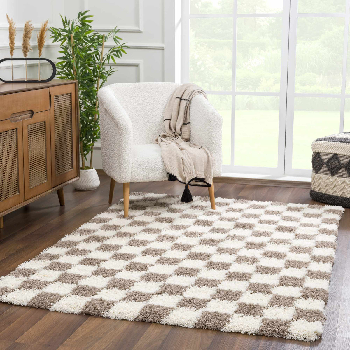 Atira Brown Checkered Area Rug, installed in a room