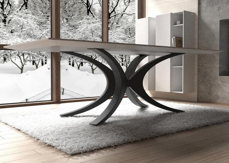 Unique Shape Metal Table Base/Legs Matte Black (D)28.5" (H)28" (W)55" tabletop view 