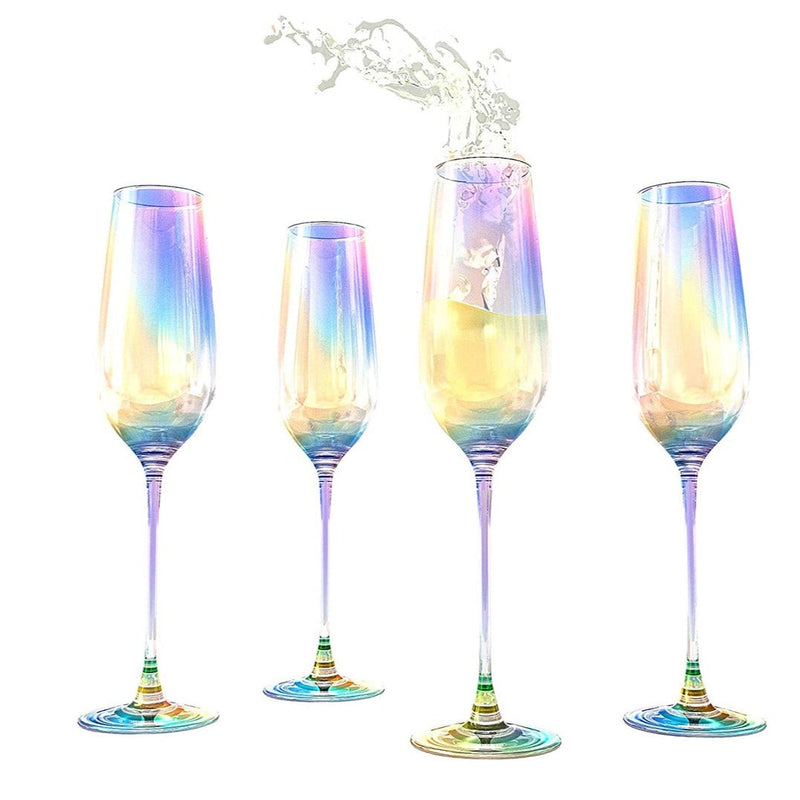 The Wine Savant Iridescent Glasses - Crystal Luster Radiance Set of 4 - Rainbow Colored Stemware Glassware, Durable Pearl Color Champagne Glasses, An Ethereal Shine (Tall Flutes)