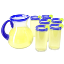 Hand Blown Blue Mexican Drinking Glasses and Pitcher – Set of 6 with Mexican Blue Rim Design (14 oz each) and Pitcher (84 Ounces) Mexico Cobalt Blue Carafe Designs Margarita and Lemonade