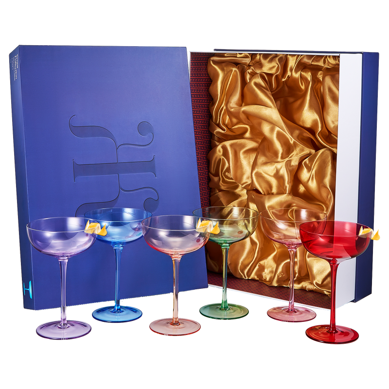 Colored Coupe Glasses | Set of 6 | 7 oz Classic Cocktail Glassware for Champagne, Martini, Manhattan, Cosmopolitan, Crystal Speakeasy Style Goblets Stems, Elegantly Color (Classic Multicolor)