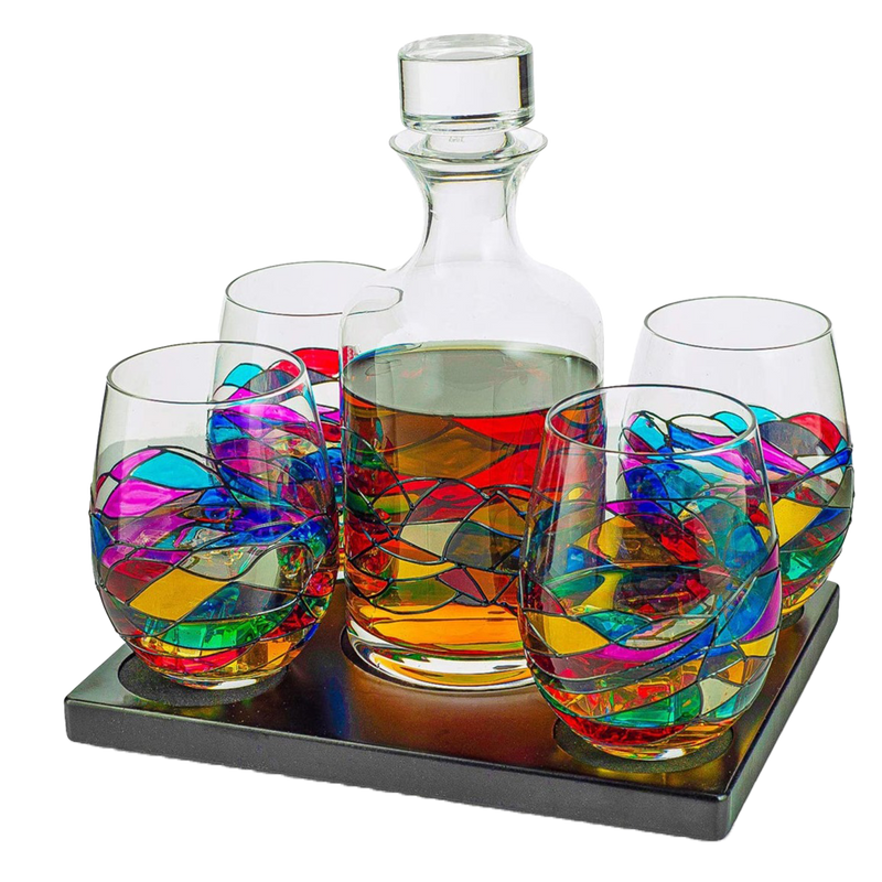 Artisanal Hand Painted Glassware Gift for Mom, Wife, Friend - Artisanal Barcelona Hand Painted Whiskey & Wine Decanter Set, Rennesance Romantic Stain-glassed Windows Glasses - Mothers Day