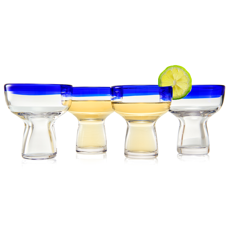 Mexican Hand Blown Blue Rim Margarita Glasses - Set of 4 - Stemless Glass Luxury Hand Blown Mexico Margarita, Martini & Champagne Glasses Cinco de Mayo Glass, Large Party Cobalt Mexico Blue Rim Design