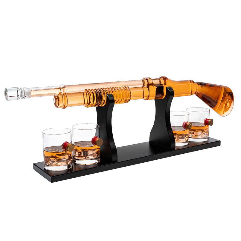 Shotgun Whiskey Decanter Set - Limited Edition - 800 ml & 4 12oz Bullet Glasses - Unique Gift - Drinking Party Accessory, Handmade Gun Liquor Decanter, Tik Tok Gun Decanter Gifts for Dad