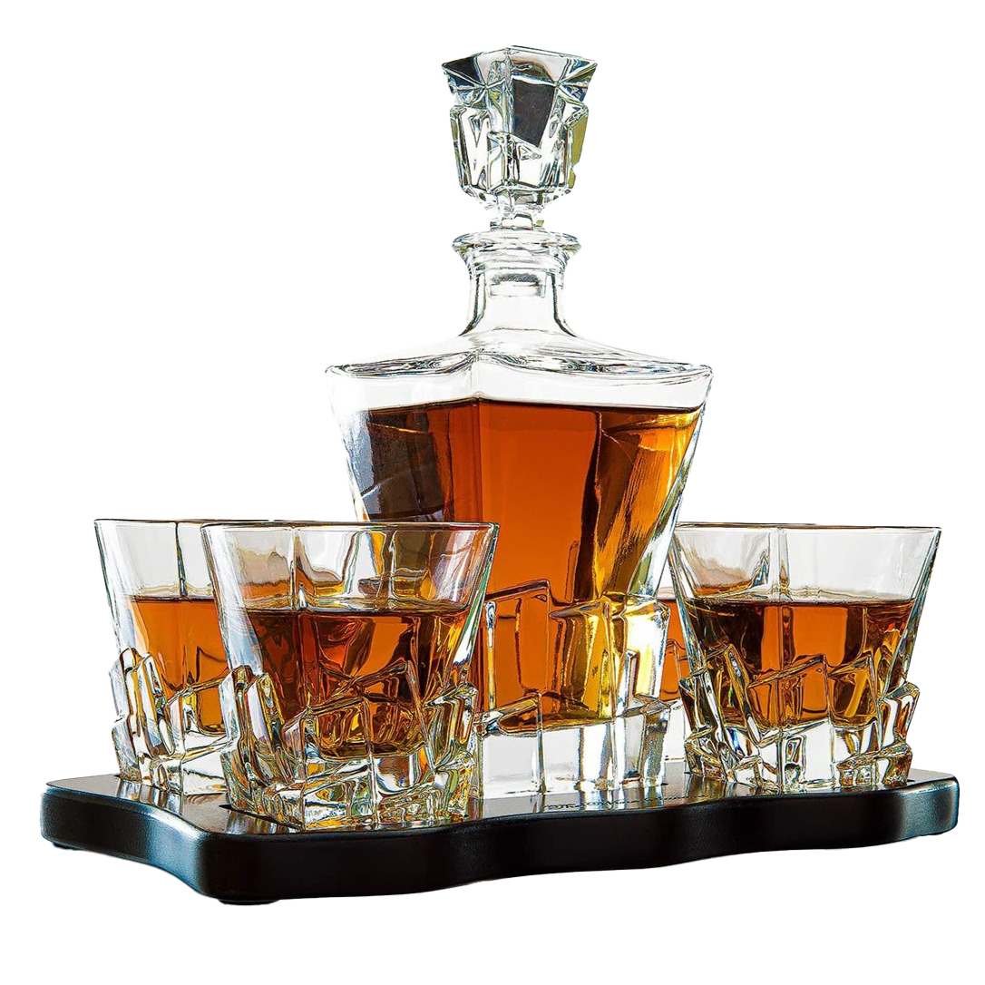 Crystal Wine and Whiskey Iceberg Mountain Glacier Decanter with 4 Glasses