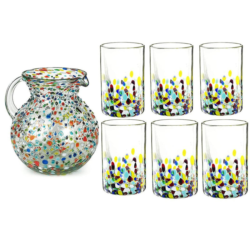 The Wine Savant Hand Blown Mexican Drinking Glasses and Pitcher – Set of 6 with Mexican Confetti Design (14 oz each) and Pitcher (84 Ounces) (Confetti)