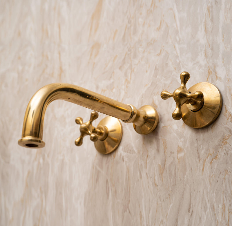 Unlacquered Brass Wall Mounted Bathroom Faucet with Cross Handles