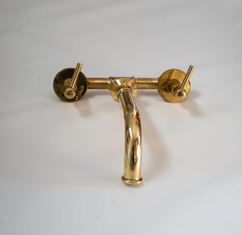 Unlacquered Brass Wall Mount Double Lever Handle Bathroom Sink Faucet - Rough in Valve Included