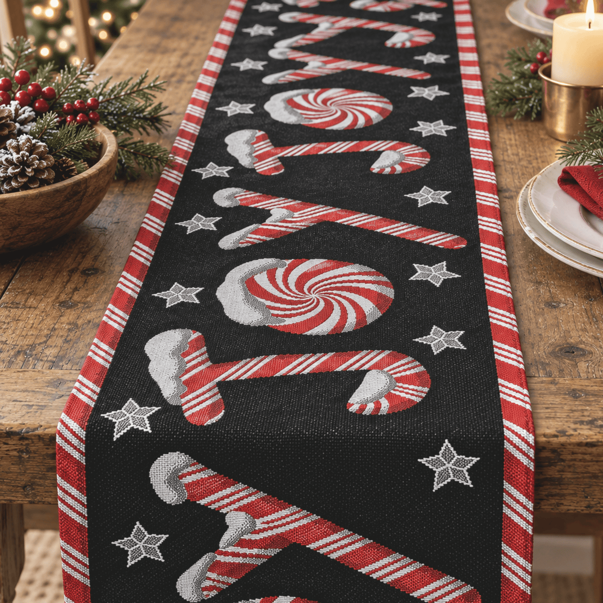 DaDa Bedding Peppermint Joy Red Black Holiday Tapestry Dining Table Runner (12904), photo 7 of 19