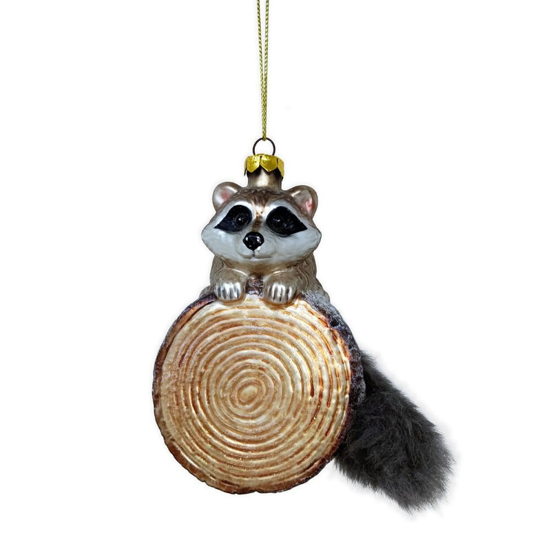 Woodland Raccoon Glass Christmas Ornament