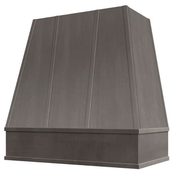 Stained Gray Wood Range Hood With Tapered Strapped Front and Block Trim - 30", 36", 42", 48", 54" and 60" Widths Available