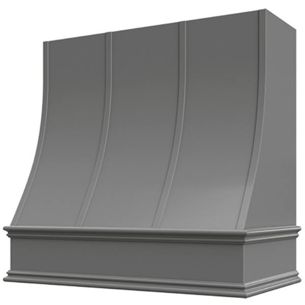 Grey Wood Range Hood With Sloped Strapped Front and Decorative Trim - 30", 36", 42", 48", 54" and 60" Widths Available