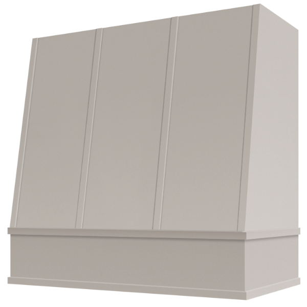 Light Grey Wood Range Hood With Angled Strapped Front and Block Trim - 30", 36", 42", 48", 54" and 60" Widths Available