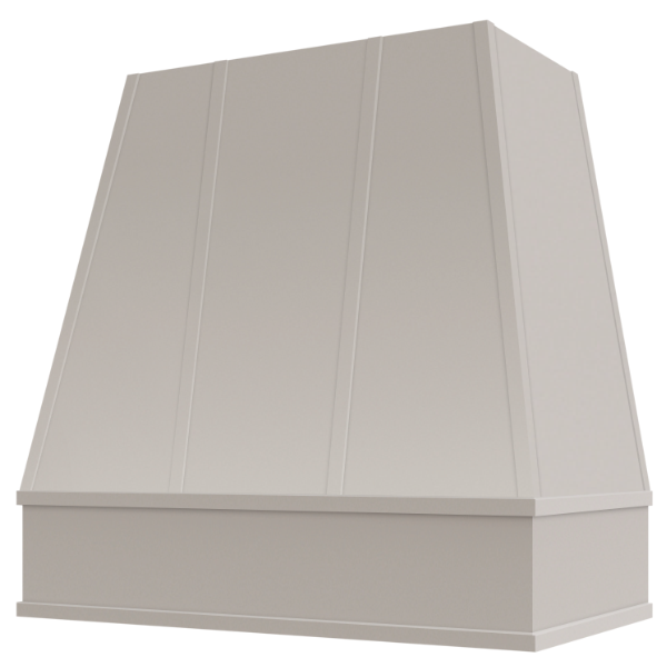 Light Grey Wood Range Hood With Tapered Strapped Front and Block Trim - 30", 36", 42", 48", 54" and 60" Widths Available