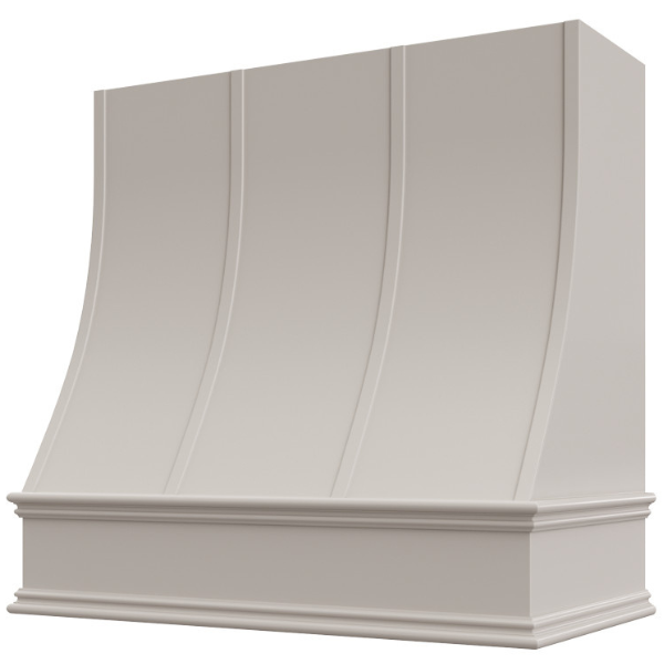 Light Grey Wood Range Hood With Sloped Strapped Front and Decorative Trim - 30", 36", 42", 48", 54" and 60" Widths Available