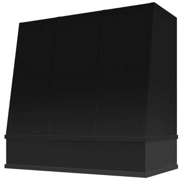 Black Wood Range Hood With Angled Strapped Front and Block Trim - 30", 36", 42", 48", 54" and 60" Widths Available