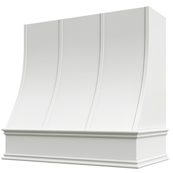 White Wood Range Hood With Sloped Strapped Front and Decorative Trim - 30", 36", 42", 48", 54" and 60" Widths Available