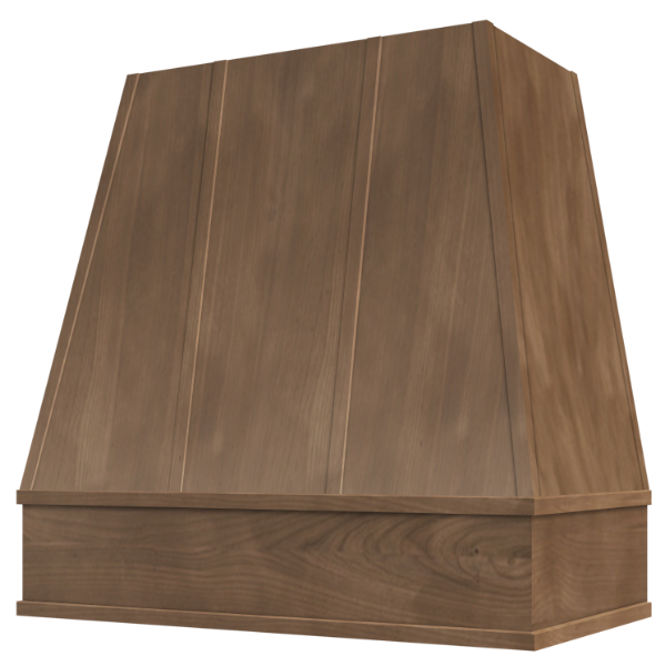 American Walnut Wood Range Hood With Tapered Strapped Front and Block Trim - 30", 36", 42", 48", 54" and 60" Widths Available