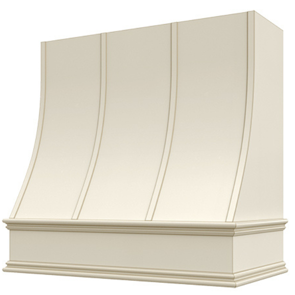 Antique White Wood Range Hood With Sloped Strapped Front and Decorative Trim - 30", 36", 42", 48", 54" and 60" Widths Available