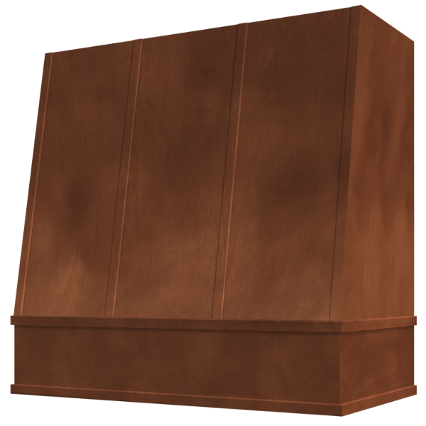 Chocolate Wood Range Hood With Angled Strapped Front and Block Trim - 30", 36", 42", 48", 54" and 60" Widths Available