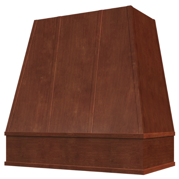 Chocolate Wood Range Hood With Tapered Strapped Front and Block Trim - 30", 36", 42", 48", 54" and 60" Widths Available