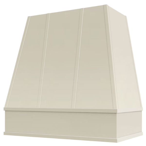 Antique White Wood Range Hood With Tapered Strapped Front and Block Trim - 30", 36", 42", 48", 54" and 60" Widths Available